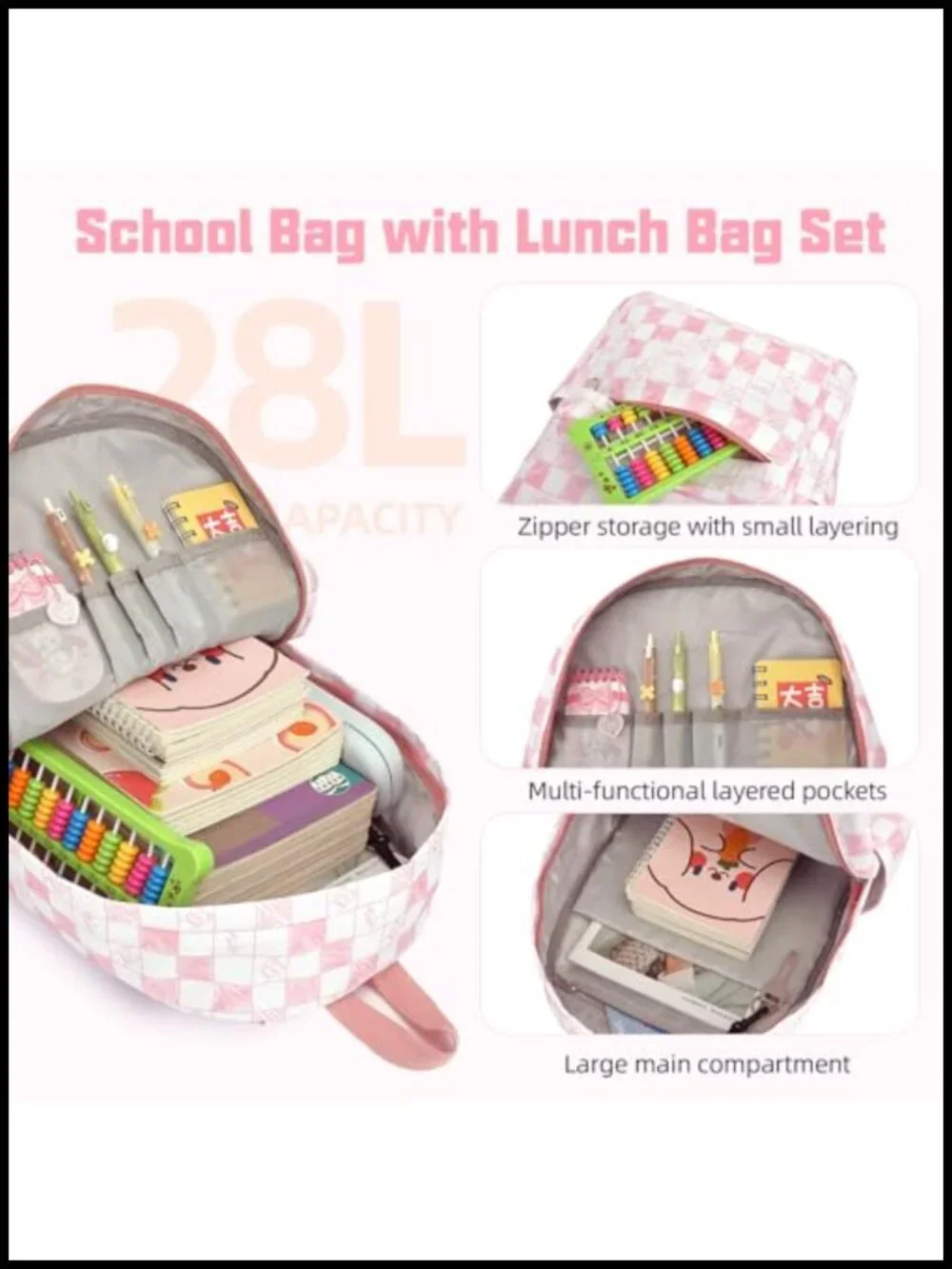 Girls' 3-Piece School Backpack Set with Lunch Box and Pencil Pouch, Polyester
